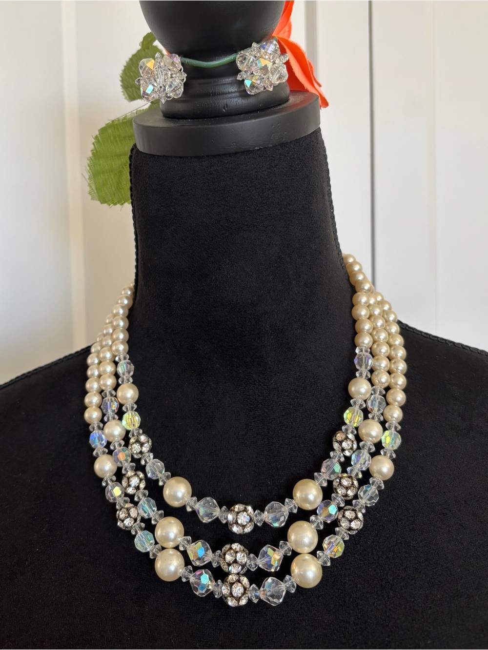 Vintage Classic Pearl and Crystal Multi-Strand Necklace and Earrings